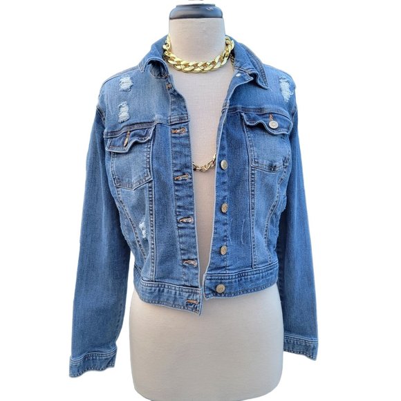 Celebrity Pink Distressed Denim Jacket Button Up Rollable Sleeve Womans Small - Picture 1 of 13